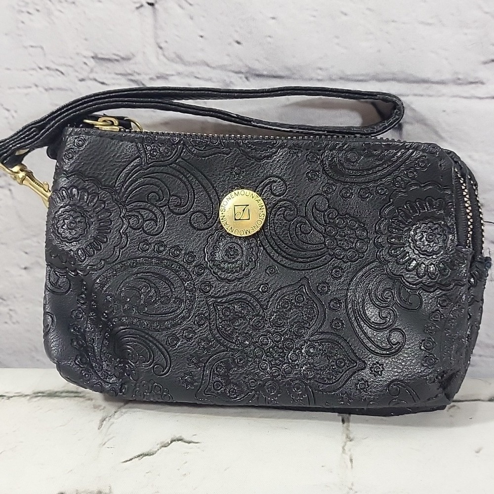 Stone Mountain Wallet Clutch Wristlet Black Tooled Leather Embossed Paisley